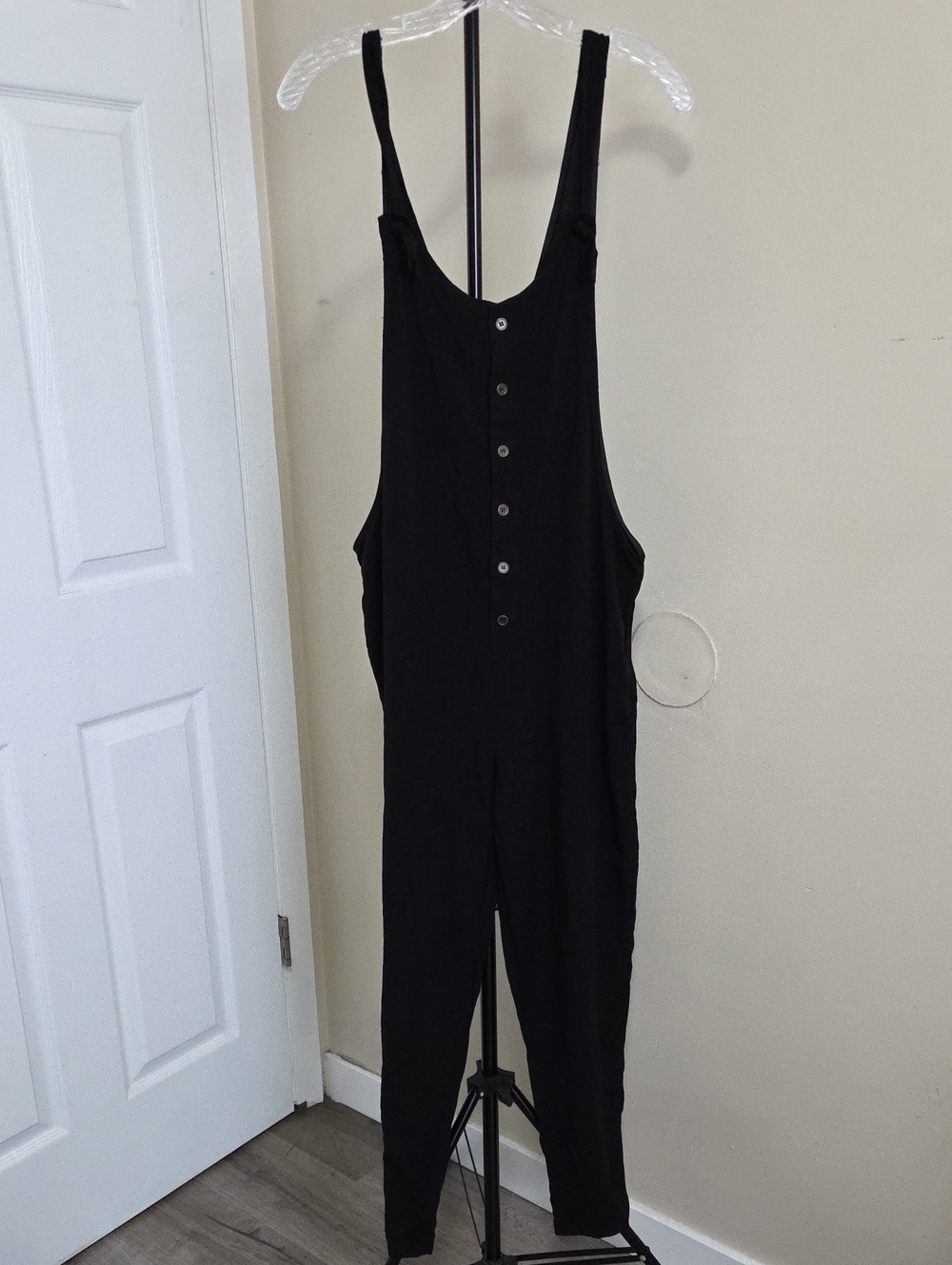 RD Style Black Button-Front Slim Strap Jumpsuit